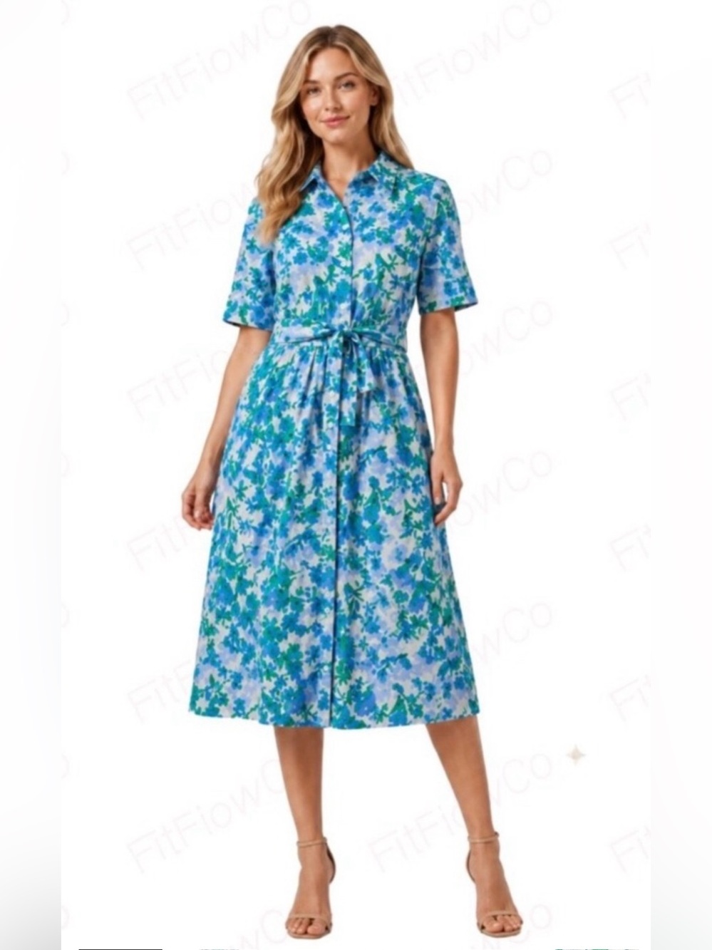 DKNY Floral Blue & Green Button Front Midi Belted Dress Women’s Size 16